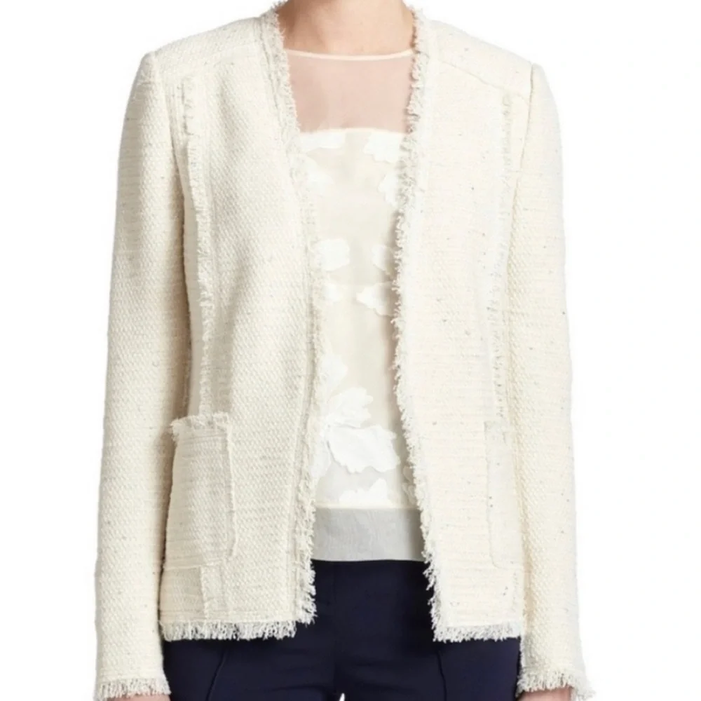 Rebecca Taylor Cream Tweed Fringe Open-Front Jacket